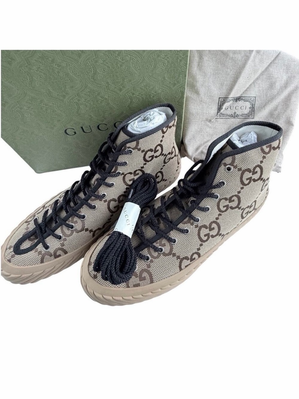 Gucci Tortuga Macro GG Canvas High-Top Sneaker Camel Ebony Sz 12.5 NIB